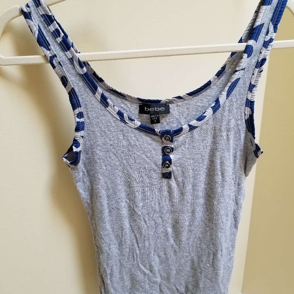 Bebe gray muscle tank with blue silk trim